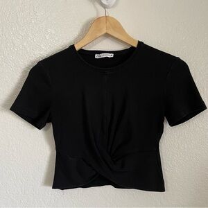 Zara Black Women's Crop Top with Twist Detail Short Sleeve Shirt Size Small